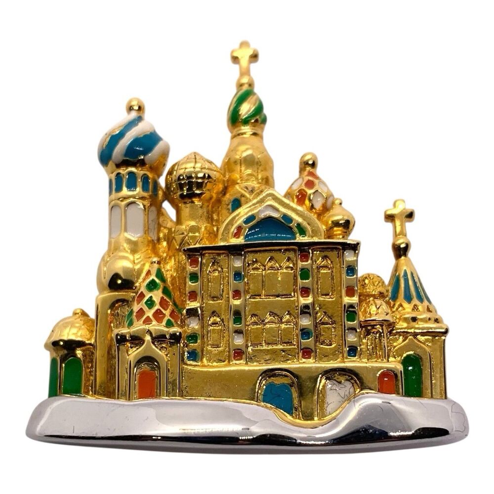 Joan Rivers Russian Palace Brooch Pin Gold tone & Enamel Vintage Signed